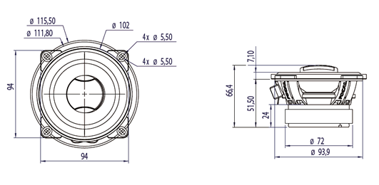 Image Dimensions & Montage du hp coaxial (une entrée) Focal Focal PC 100 (4Ω)