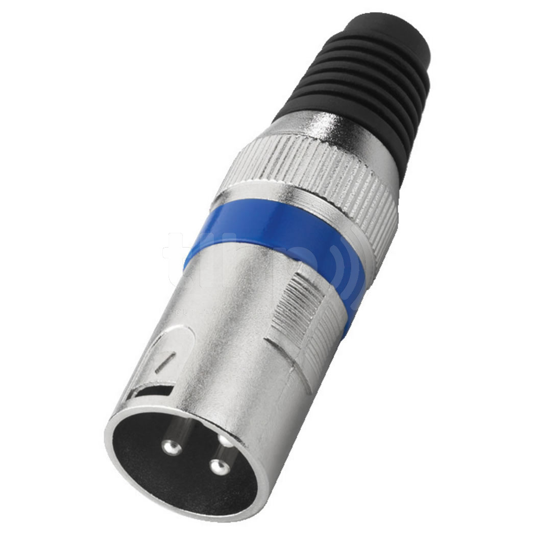 Fiche XLR mâle en métal, 3 pôles, bague bleue, contacts nickel, entrée