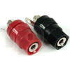Paire de bornes haut-parleur pour fiche banane ou à visser (conducteur diamètre 4 mm max), repères rouge/noir, contacts isolés, diamètre 15 mm, longueur 33.2 mm