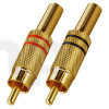 Paire de fiches RCA mâle plaqué-or, bague noir / rouge, avec système de protection du câble, pour câble diamètre 5.3 mm
