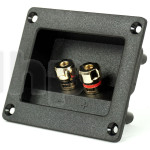 Grand bornier rectangle 2 pôles à encastrer pour enceinte haute fidélité, contacts plaqué-or, pour fiche banane ou serrage sur conducteur, façade rectangle 92.5x79 mm