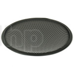 Grille TLHP pour haut-parleur 12 pouce, diamètre extérieur 310 mm, acier épais finition noire, trous ronds diamètre 4 mm, collerette périphérique caoutchouc