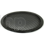 Grille TLHP pour haut-parleur 6 pouce, diamètre extérieur 155.5 mm, acier épais finition noire, trous ronds diamètre 4 mm, collerette périphérique caoutchouc