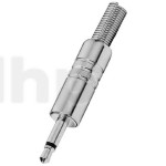 Fiche mini-Jack 3.5 mm mono mâle en métal chromé, blindage et protection de flexion du câble, pour câble diamètre 4.5 mm
