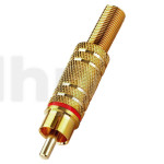 Fiche RCA mâle plaqué-or, bague rouge, avec système de protection du câble, pour câble diamètre 5.9 mm