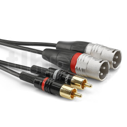 Câble instrument 1.5m double RCA mâle vers double XLR mâle 3 pôles, Sommercable HBP-M2C2, avec connecteurs à contacts plaqués or