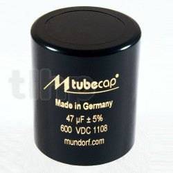 Condensateur Mundorf TubeCap 100µF ±5%, 550VDC/100VAC, Ø50xH85mm, raccordements M6 empattement 20mm
