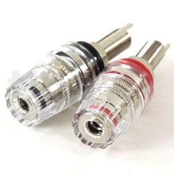Paire de bornes haut-parleur, en laiton, pour application haute fidélité, pour fiche banane ou serrage sur conducteur diamètre 5 mm max, repères rouge/noir, diamètre 19 mm, longueur 54.7 mm