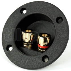 Petit bornier rond 2 pôles à encastrer pour enceinte haute fidélité, contacts plaqué-or, pour fiche banane ou serrage sur conducteur, façade diamètre 75 mm