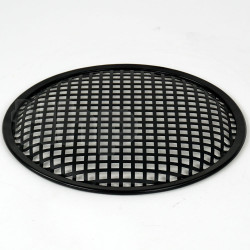 Grille TLHP pour haut-parleur 10 pouce, diamètre extérieur 257 mm, acier épais finition noire, trous carrés 8x8 mm, collerette périphérique caoutchouc