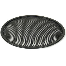 Grille TLHP pour haut-parleur 10 pouce, diamètre extérieur 257 mm, acier épais finition noire, trous ronds diamètre 4 mm, collerette périphérique caoutchouc