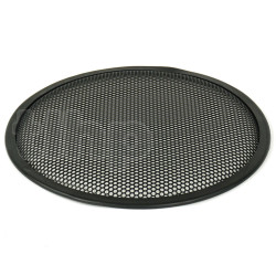 Grille TLHP pour haut-parleur 12 pouce, diamètre extérieur 310 mm, acier épais finition noire, trous ronds diamètre 4 mm, collerette périphérique caoutchouc