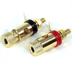 Paire de bornes haut-parleur plaqué-or haute fidélité, pour fiche banane ou serrage sur conducteur diamètre 5 mm max, repères rouge/noir, diamètre 10.6 mm, longueur 33.2 mm