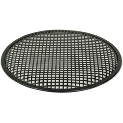 Grille TLHP pour haut-parleur 15 pouce, diamètre extérieur 387 mm, acier épais finition noire, trous carrés 8x8 mm, collerette périphérique caoutchouc