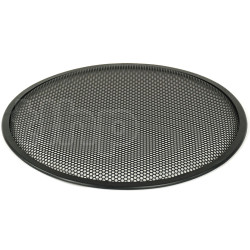 Grille TLHP pour haut-parleur 15 pouce, diamètre extérieur 387 mm, acier épais finition noire, trous ronds diamètre 4 mm, collerette périphérique caoutchouc