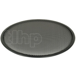 Grille TLHP pour haut-parleur 15 pouce, diamètre extérieur 387 mm, acier épais finition noire, trous ronds diamètre 4 mm, collerette périphérique caoutchouc