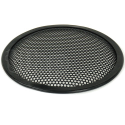 Grille TLHP pour haut-parleur 8 pouce, diamètre extérieur 206 mm, acier épais finition noire, trous ronds diamètre 4 mm, collerette périphérique caoutchouc