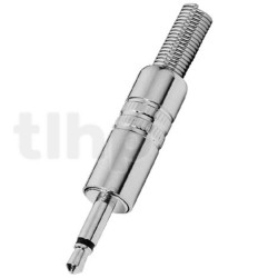 Fiche mini-Jack 3.5 mm mono mâle en métal chromé, blindage et protection de flexion du câble, pour câble diamètre 4.5 mm