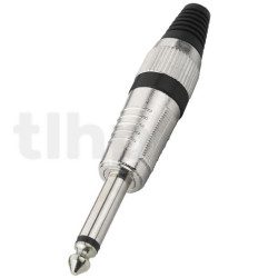 Fiche Jack 6.3 mm mono mâle en métal, bague noir, contacts nickel et protection de flexion du câble, pour câble diamètre 7 mm