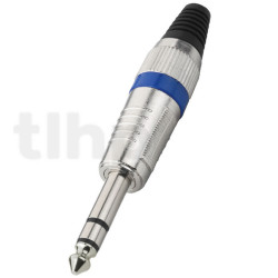 Fiche Jack 6.3 mm stéréo mâle en métal, bague bleu, contacts nickel et protection de flexion du câble, pour câble diamètre 7 mm