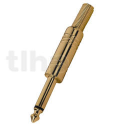 Fiche Jack 6.3 mm mono mâle en métal plaqué-or, blindage et protection de flexion du câble, pour câble diamètre 6.5 mm