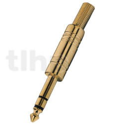 Fiche Jack 6.3 mm stéréo mâle en métal plaqué-or, blindage et protection de flexion du câble, pour câble diamètre 6.5 mm