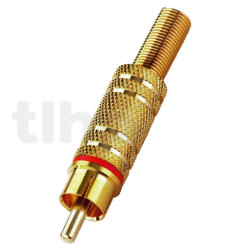 Fiche RCA mâle plaqué-or, bague rouge, avec système de protection du câble, pour câble diamètre 5.9 mm