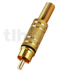Fiche RCA mâle plaqué-or, bague noire, avec système de protection du câble, pour câble diamètre 5.9 mm