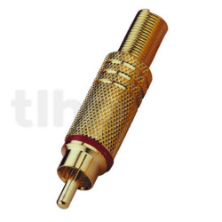 Fiche RCA mâle plaqué-or, bague rouge, avec système de protection du câble, pour câble diamètre 7 mm