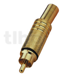Fiche RCA mâle plaqué-or, bague noire, avec système de protection du câble, pour câble diamètre 7 mm
