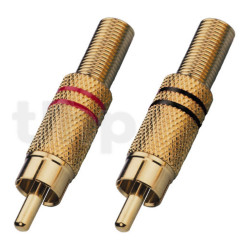 Paire de fiches RCA mâle plaqué-or, noir / rouge, avec système de protection du câble, pour câble diamètre 7 mm