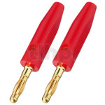 Paire de fiches bananes 4 mm, pvc rouge, contacts plaqués-or, raccord à visser, pour conducteur max 4 mm