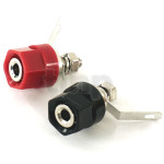 Paire de bornes haut-parleur en laiton pour application haute fidélité, pour fiche banane ou serrage sur conducteur diamètre 4 mm max, repères rouge/noir, 15x26.2mm