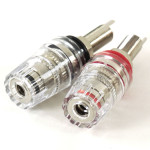 Paire de bornes haut-parleur, en laiton, pour application haute fidélité, pour fiche banane ou serrage sur conducteur diamètre 5 mm max, repères rouge/noir, diamètre 19 mm, longueur 54.7 mm
