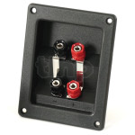 Grand bornier rectangle 4 pôles (pour bi-amp ou bi-câblage) à encastrer pour enceinte haute fidélité, contacts laiton, pour fiche banane ou serrage sur conducteur, façade rectangle 123.3x96.5mm