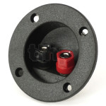 Petit bornier rond 2 pôles à encastrer pour enceinte haute fidélité, contacts laiton, pour fiche banane ou serrage sur conducteur, façade diamètre 75 mm