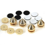 Lot de 4 pointes de découplage avec coupelles et pièces adhésives, grand diamètre, acier aspect plaqué or, hauteur totale 32 mm (avec coupelle), réglage entre de 38 et 44 mm