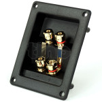 Grand bornier rectangle 4 pôles (pour bi-amp ou bi-câblage) à encastrer pour enceinte haute fidélité, contacts plaqué-or, pour fiche banane ou serrage sur conducteur, façade rectangle 123.3x96.5mm