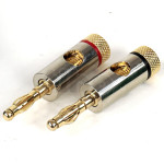 Paire de fiche banane, une rouge, une noire, longueur totale 48 mm, contacts et bague de serrage plaqué or, corps acier zingué gris