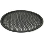 Grille TLHP pour haut-parleur 10 pouce, diamètre extérieur 257 mm, acier épais finition noire, trous ronds diamètre 4 mm, collerette périphérique caoutchouc