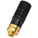 Fiche mini-Jack 3.5 mm stéréo femelle en métal noir, contacts plaqué-or, avec vissage de sécurité, pour câble diamètre 4.2 mm, convient pour connecter des microphones avec filetage intérieur de 5.9 mm