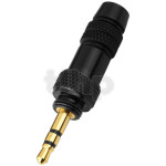 Fiche mini-Jack 3.5 mm stéréo mâle en métal noir, contacts plaqué-or, avec vissage de sécurité, pour câble diamètre 4.2 mm, convient aux émetteurs avec filetage intérieur de 7.9 mm
