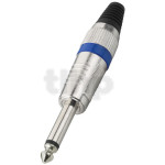 Fiche Jack 6.3 mm mono mâle en métal, bague bleu, contacts nickel et protection de flexion du câble, pour câble diamètre 7 mm