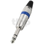 Fiche Jack 6.3 mm stéréo mâle en métal, bague bleu, contacts nickel et protection de flexion du câble, pour câble diamètre 7 mm