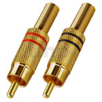 Paire de fiches RCA mâle plaqué-or, bague noir / rouge, avec système de protection du câble, pour câble diamètre 5.3 mm