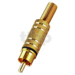 Fiche RCA mâle plaqué-or, bague noire, avec système de protection du câble, pour câble diamètre 5.9 mm