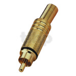 Fiche RCA mâle plaqué-or, bague noire, avec système de protection du câble, pour câble diamètre 7 mm
