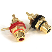 Paire d'embases châssis femelle RCA isolées, laiton plaqué or, repère bague couleur (rouge et noir)