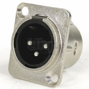 Embase XLR mâle 3 pôles, corps nickel, contacts nickel, fixation par deux trous diamètre 3.5 mm pour vis à tête fraisée 