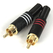 Paire de fiche RCA mâle laiton plaqué or, repère bague couleur (rouge et noir), corps noir, pour câble diamètre max 7 mm